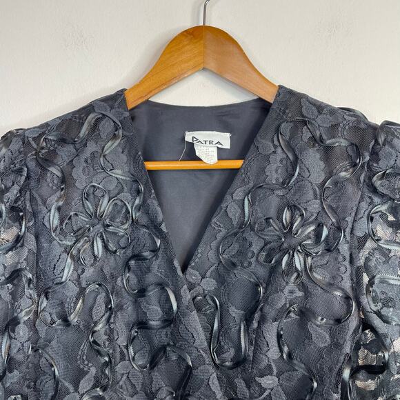 Vintage Patra Black Lace Ribbon Soutache Mesh Fitted Jacket Puff Shoulders Bow 6 - Picture 3 of 16
